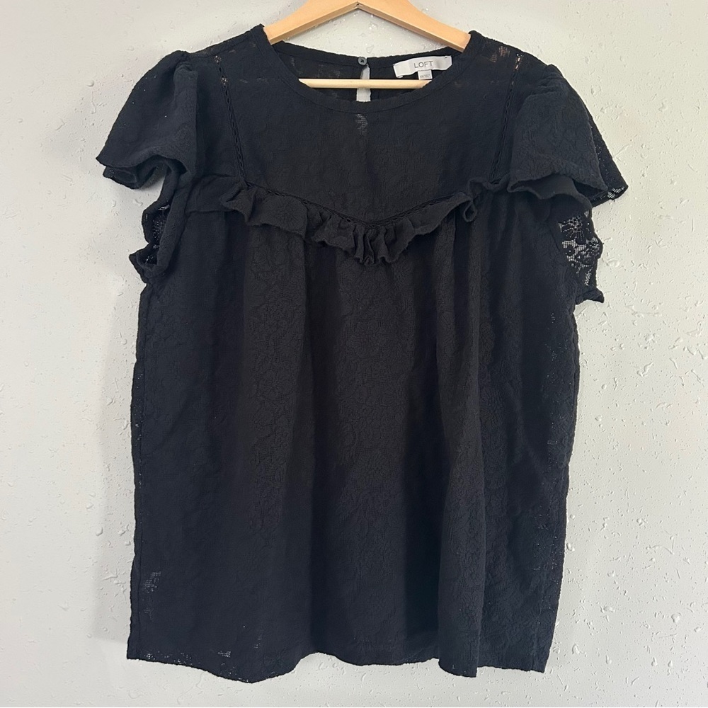 LOFT Black Lace Ruffle Cap-Sleeve Blouse